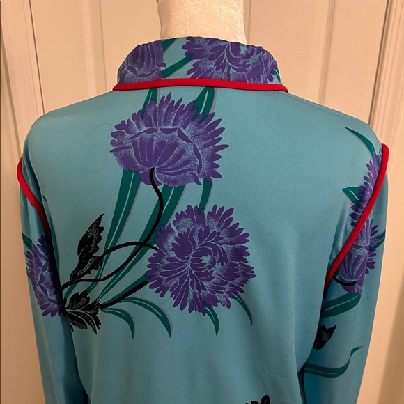 Diane Von Furstenberg Contrasting Piping Floral Silk Shirt Farren Marine Size 8 - Picture 10 of 14